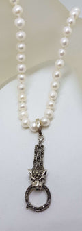 Sterling Silver Long Marcasite Puma / Cat / Panther / Leopard Head Drop Enhancer Pendant on Pearl Chain / Necklace