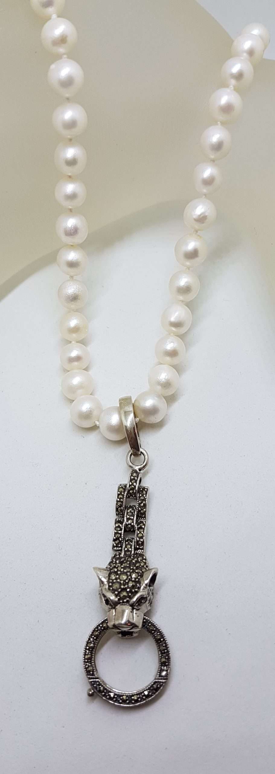 Sterling Silver Long Marcasite Puma / Cat / Panther / Leopard Head Drop Enhancer Pendant on Pearl Chain / Necklace