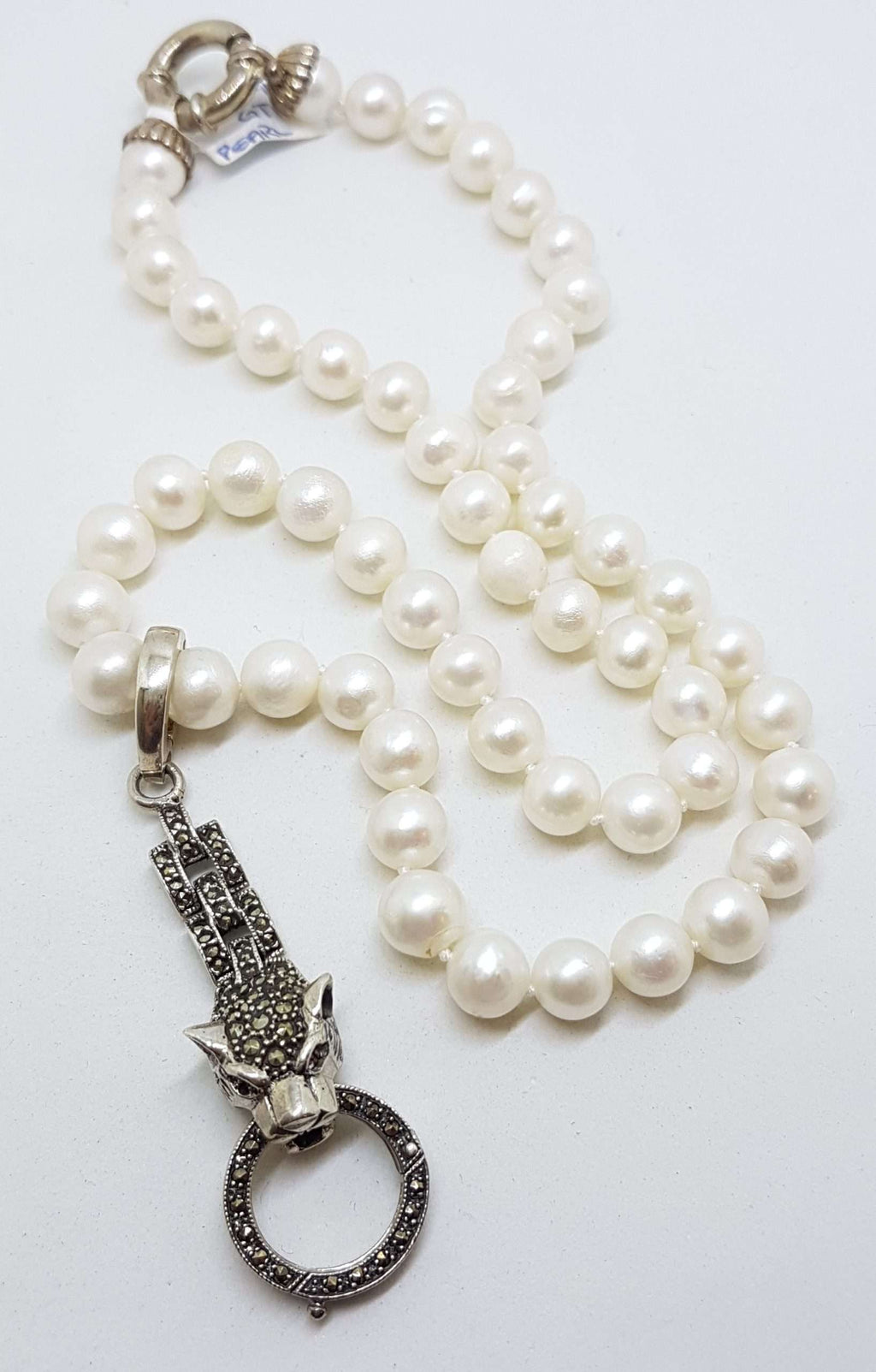 Sterling Silver Long Marcasite Puma / Cat / Panther / Leopard Head Drop Enhancer Pendant on Pearl Chain / Necklace