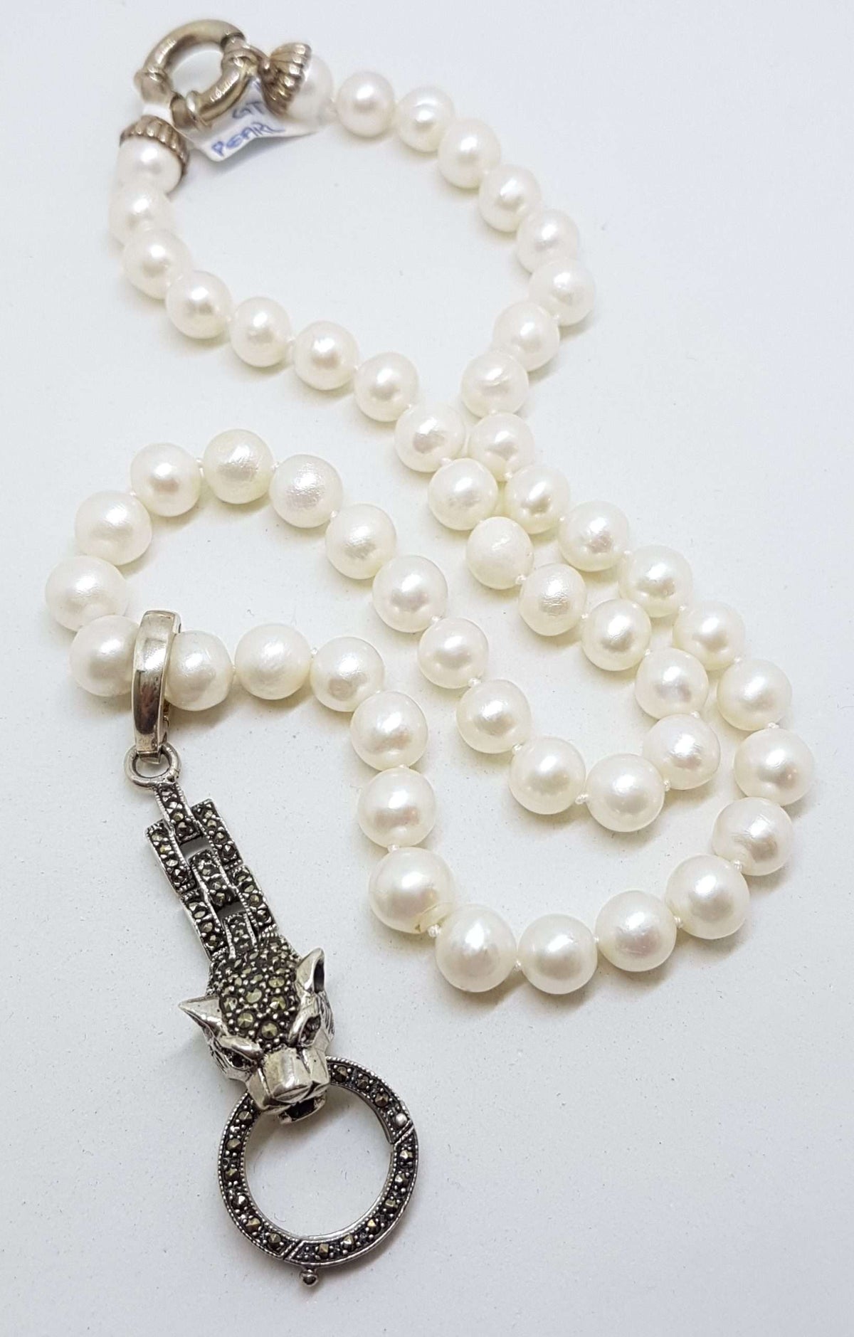 Sterling Silver Long Marcasite Puma / Cat / Panther / Leopard Head Drop Enhancer Pendant on Pearl Chain / Necklace
