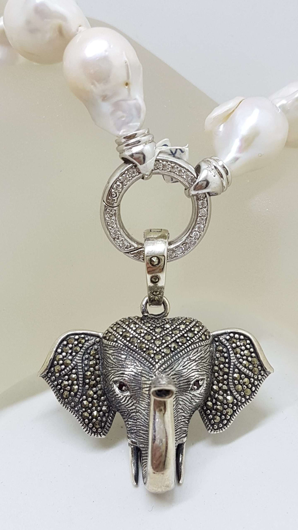 Sterling Silver Large Marcasite Elephant Head Enhancer Pendant on Thick White Baroque Pearl Chain / Necklace