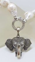 Sterling Silver Large Marcasite Elephant Head Enhancer Pendant on Thick White Baroque Pearl Chain / Necklace