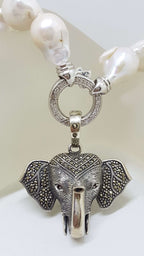 Sterling Silver Large Marcasite Elephant Head Enhancer Pendant on Thick White Baroque Pearl Chain / Necklace