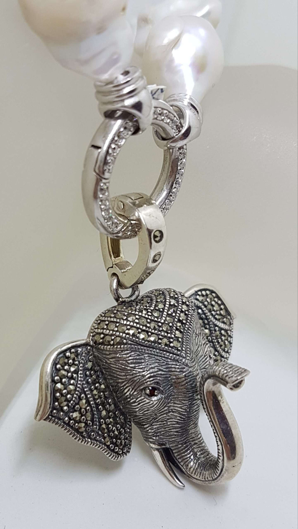 Sterling Silver Large Marcasite Elephant Head Enhancer Pendant on Thick White Baroque Pearl Chain / Necklace