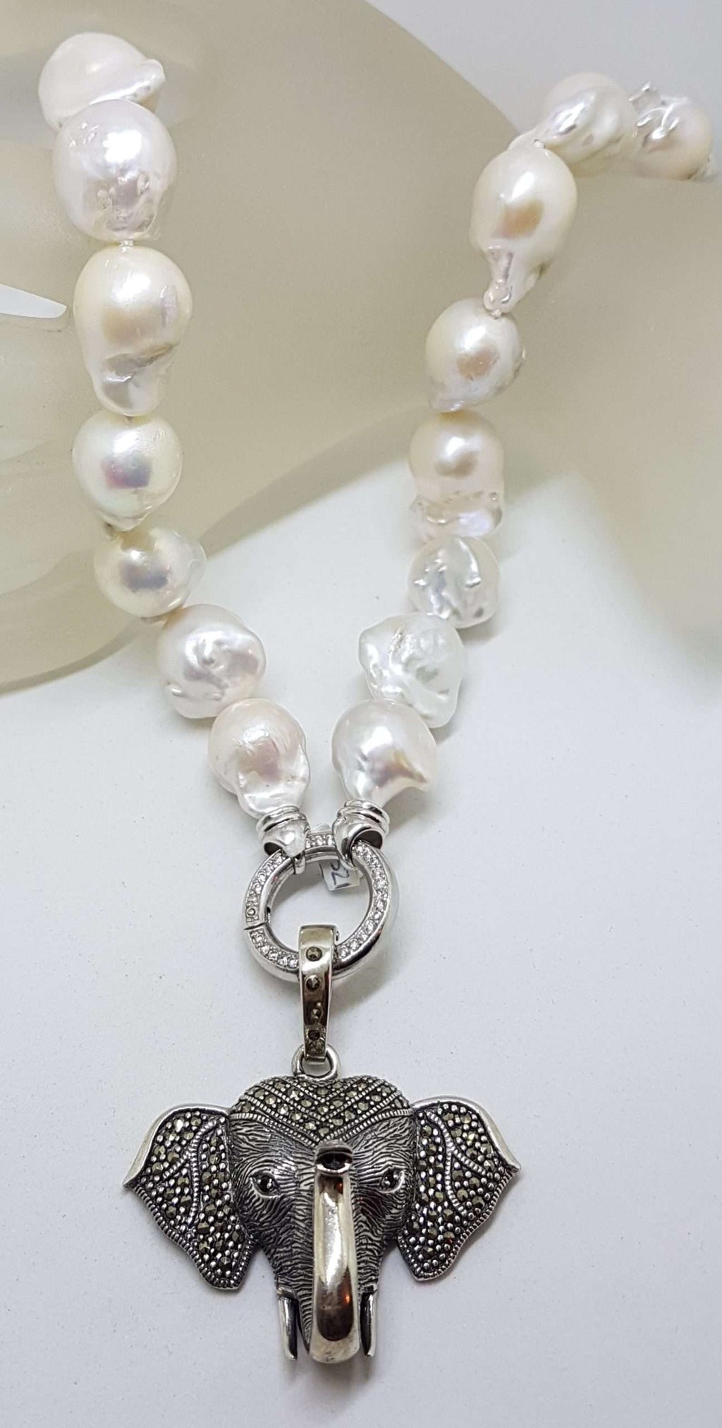 Sterling Silver Large Marcasite Elephant Head Enhancer Pendant on Thick White Baroque Pearl Chain / Necklace