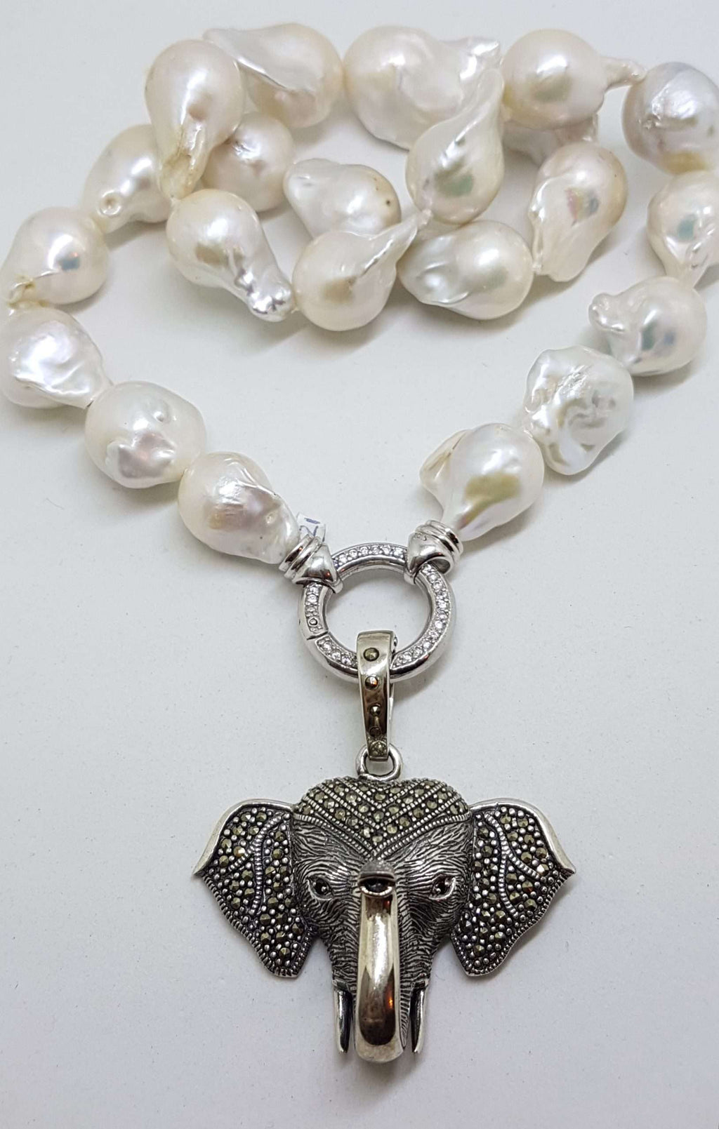 Sterling Silver Large Marcasite Elephant Head Enhancer Pendant on Thick White Baroque Pearl Chain / Necklace
