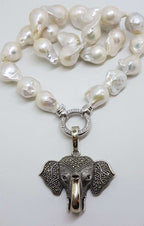 Sterling Silver Large Marcasite Elephant Head Enhancer Pendant on Thick White Baroque Pearl Chain / Necklace