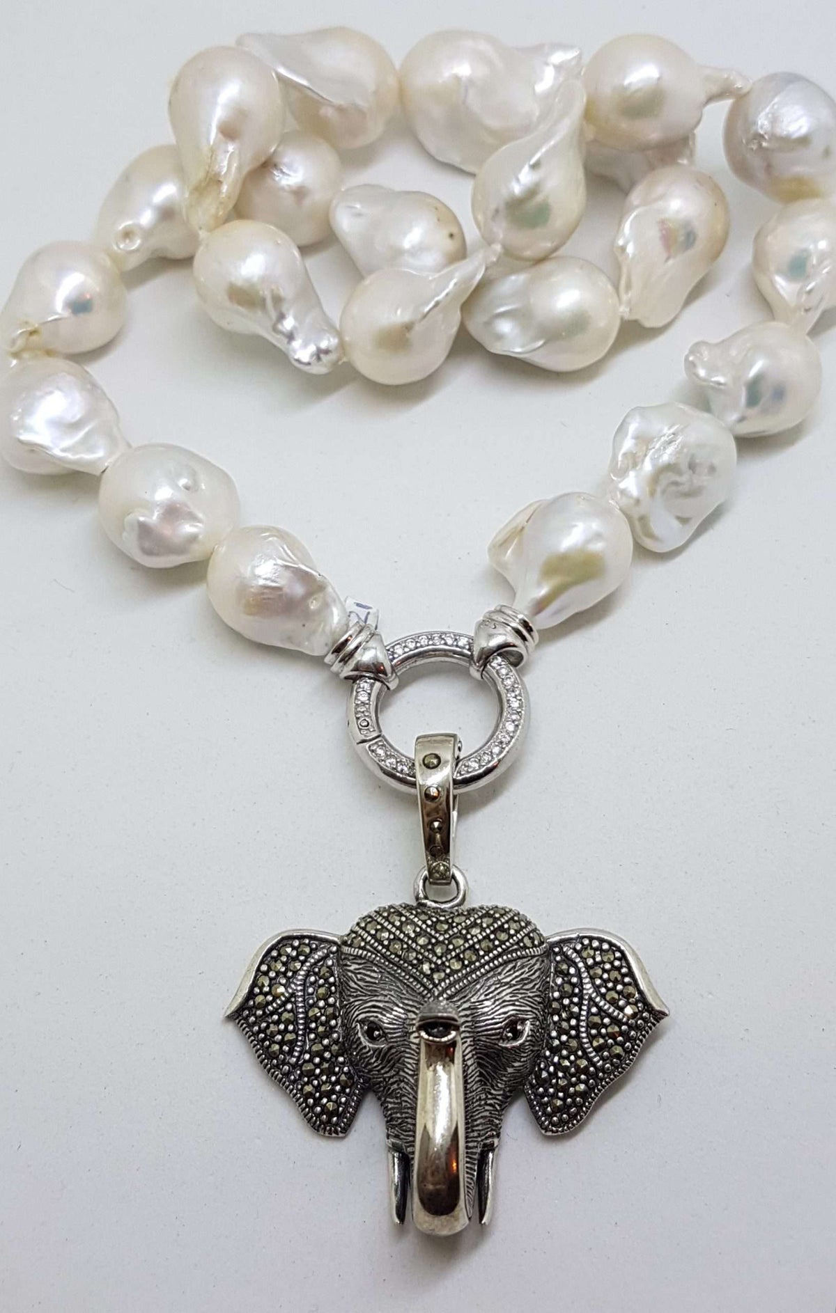 Sterling Silver Large Marcasite Elephant Head Enhancer Pendant on Thick White Baroque Pearl Chain / Necklace