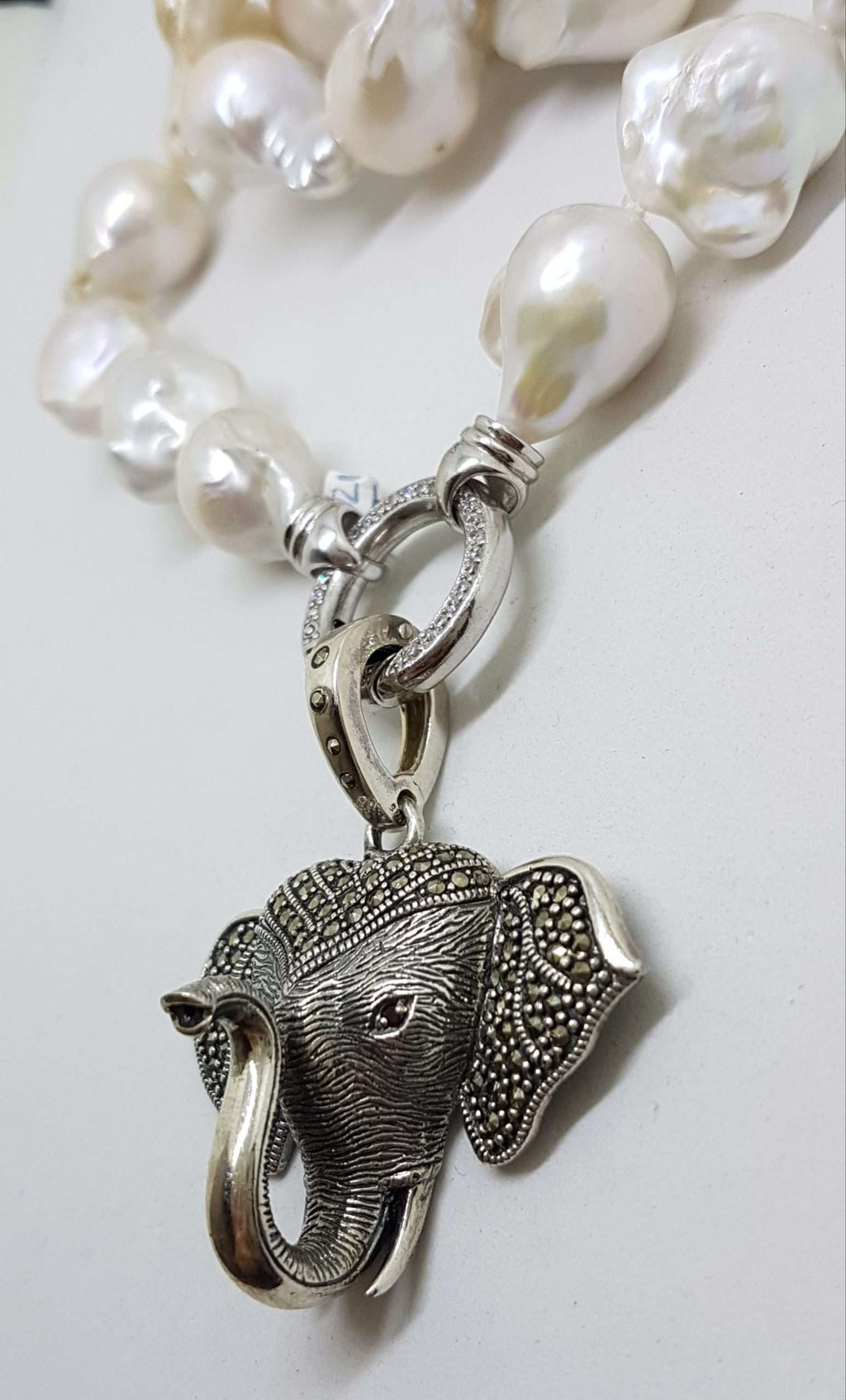 Sterling Silver Large Marcasite Elephant Head Enhancer Pendant on Thick White Baroque Pearl Chain / Necklace