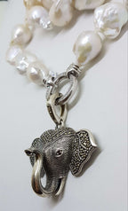 Sterling Silver Large Marcasite Elephant Head Enhancer Pendant on Thick White Baroque Pearl Chain / Necklace