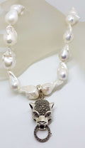 Sterling Silver Large Marcasite Puma / Cat / Panther / Leopard Head Enhancer Pendant on Thick White Baroque Pearl Chain / Necklace