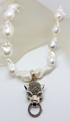 Sterling Silver Large Marcasite Puma / Cat / Panther / Leopard Head Enhancer Pendant on Thick White Baroque Pearl Chain / Necklace