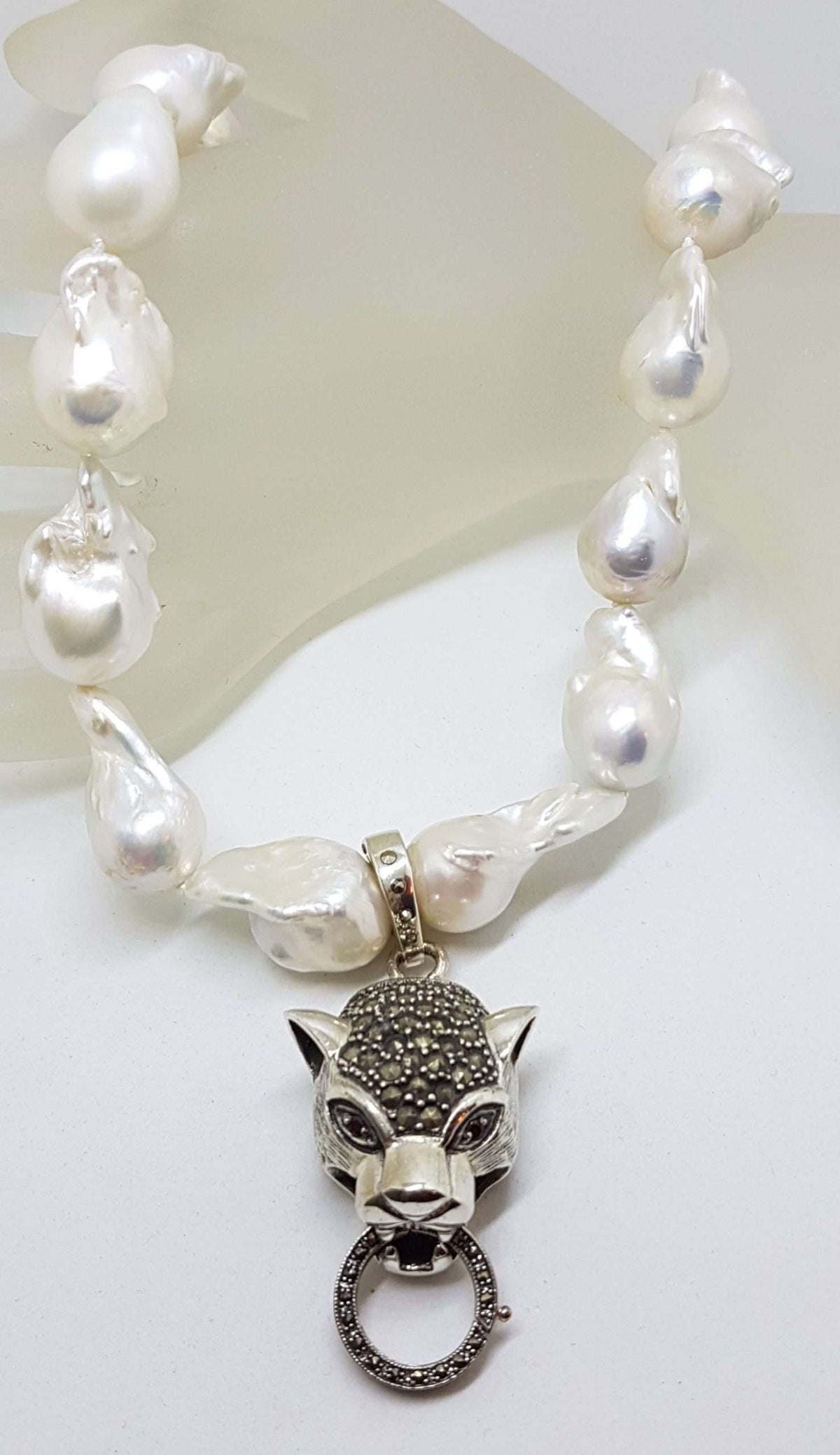 Sterling Silver Large Marcasite Puma / Cat / Panther / Leopard Head Enhancer Pendant on Thick White Baroque Pearl Chain / Necklace