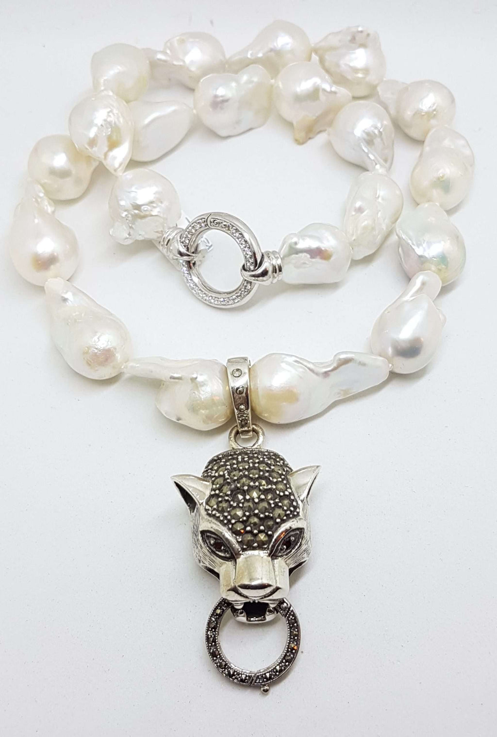 Sterling Silver Large Marcasite Puma / Cat / Panther / Leopard Head Enhancer Pendant on Thick White Baroque Pearl Chain / Necklace