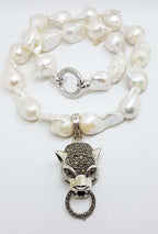 Sterling Silver Large Marcasite Puma / Cat / Panther / Leopard Head Enhancer Pendant on Thick White Baroque Pearl Chain / Necklace
