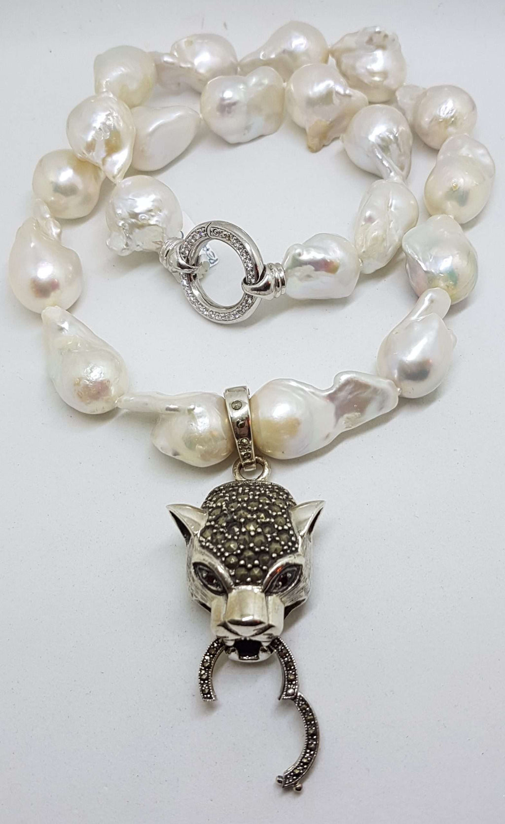 Sterling Silver Large Marcasite Puma / Cat / Panther / Leopard Head Enhancer Pendant on Thick White Baroque Pearl Chain / Necklace