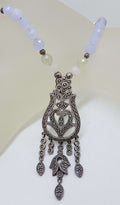 Sterling Silver Large Ornate Filigree Marcasite Pendant Attached to Blue and White Bead Necklace / Chain