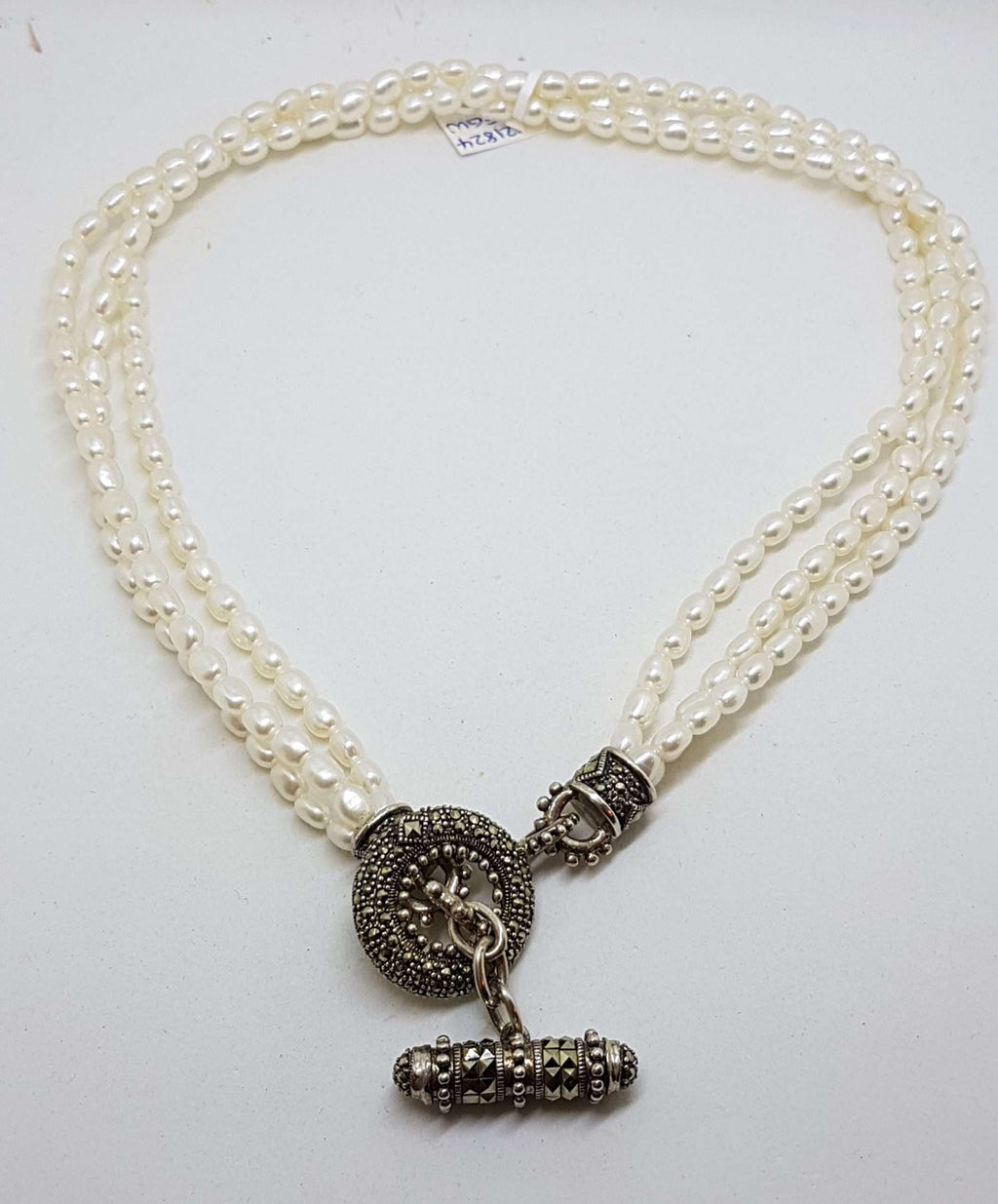 Sterling Silver Marcasite Circular T-Bar Clasp Three Strand Pearl Necklace / Chain