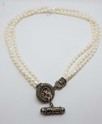 Sterling Silver Marcasite Circular T-Bar Clasp Three Strand Pearl Necklace / Chain