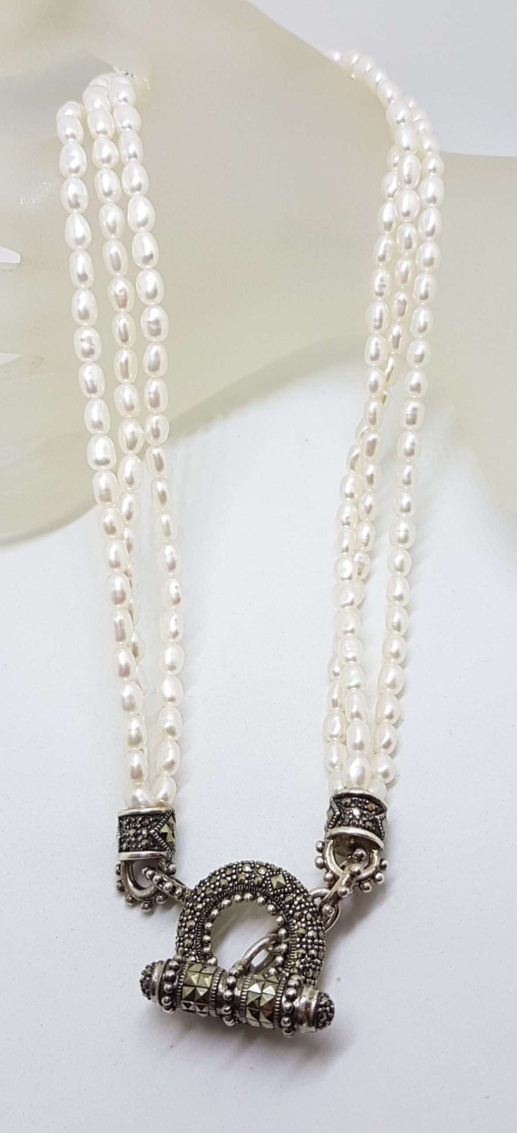 Sterling Silver Marcasite Circular T-Bar Clasp Three Strand Pearl Necklace / Chain