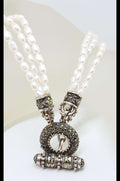 Sterling Silver Marcasite Circular T-Bar Clasp Three Strand Pearl Necklace / Chain