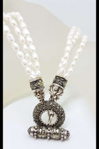 Sterling Silver Marcasite Circular T-Bar Clasp Three Strand Pearl Necklace / Chain