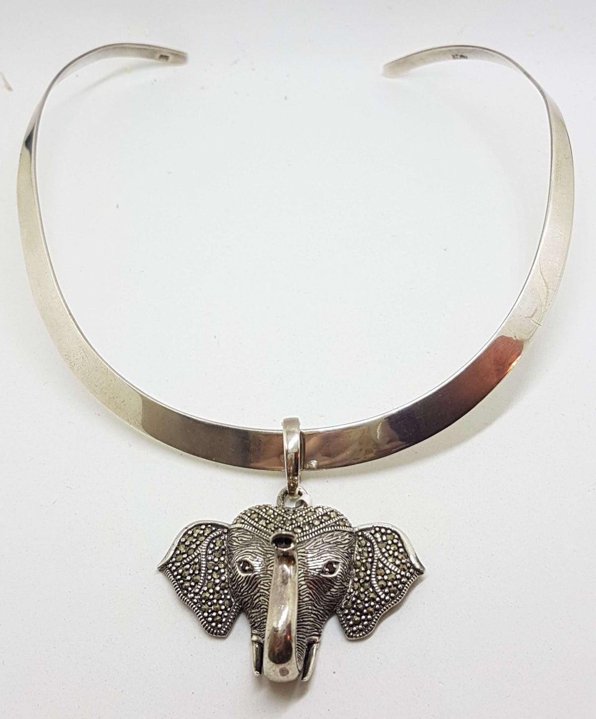 Sterling Silver Marcasite &amp; Garnet Large Elephant Head Enhancer Pendant on Thick Silver Choker Chain / Necklace
