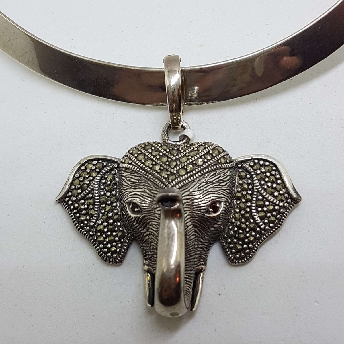 Sterling Silver Marcasite &amp; Garnet Large Elephant Head Enhancer Pendant on Thick Silver Choker Chain / Necklace