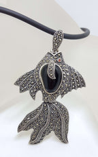 Sterling Silver Large Marcasite and Onyx Koi Fish Pendant on Neoprene Chain / Necklace