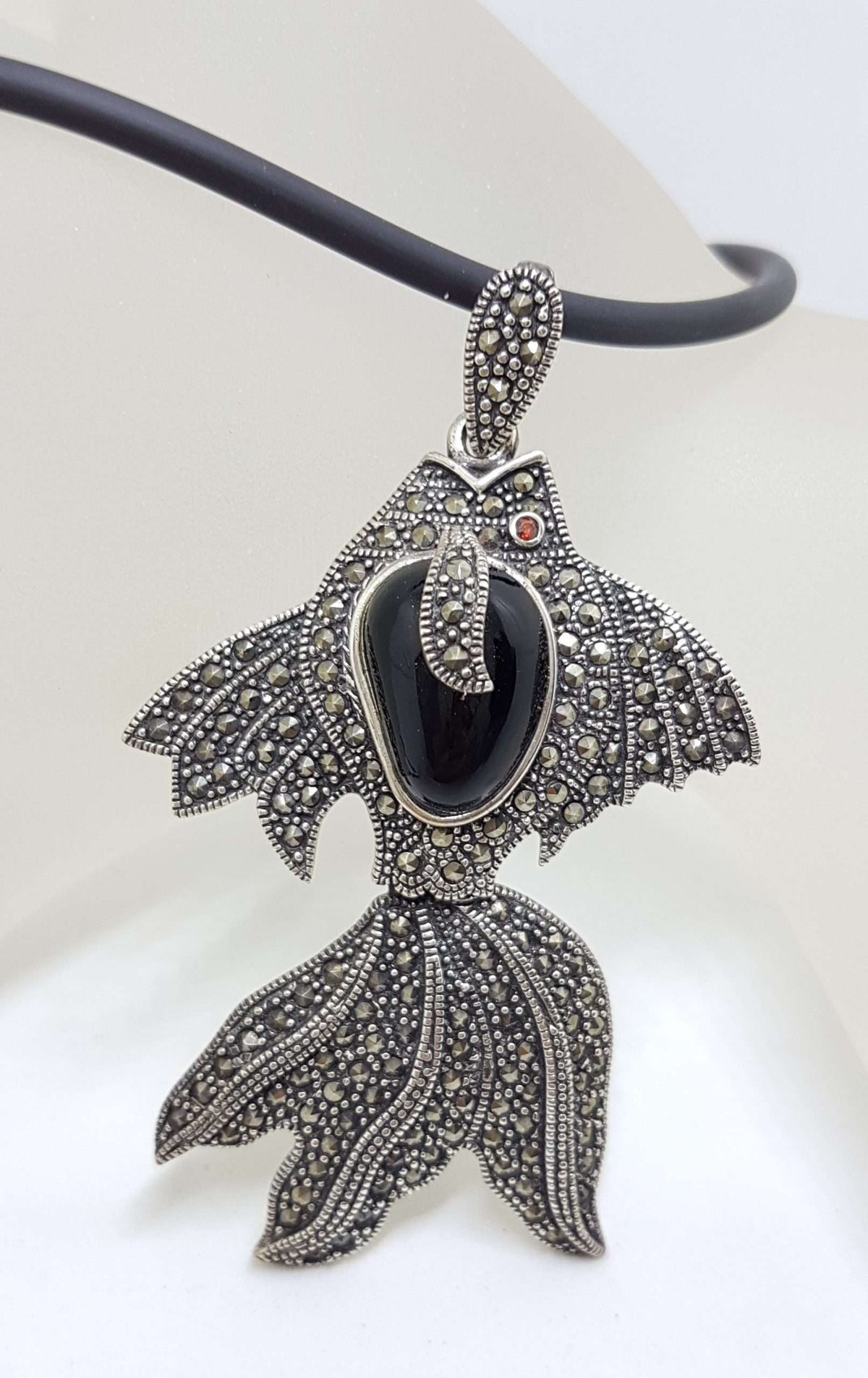 Sterling Silver Large Marcasite and Onyx Koi Fish Pendant on Neoprene Chain / Necklace