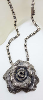 Sterling Silver Very Large Marcasite Rose Flower Pendant on Heavy Silver Marcasite Chain / Necklace