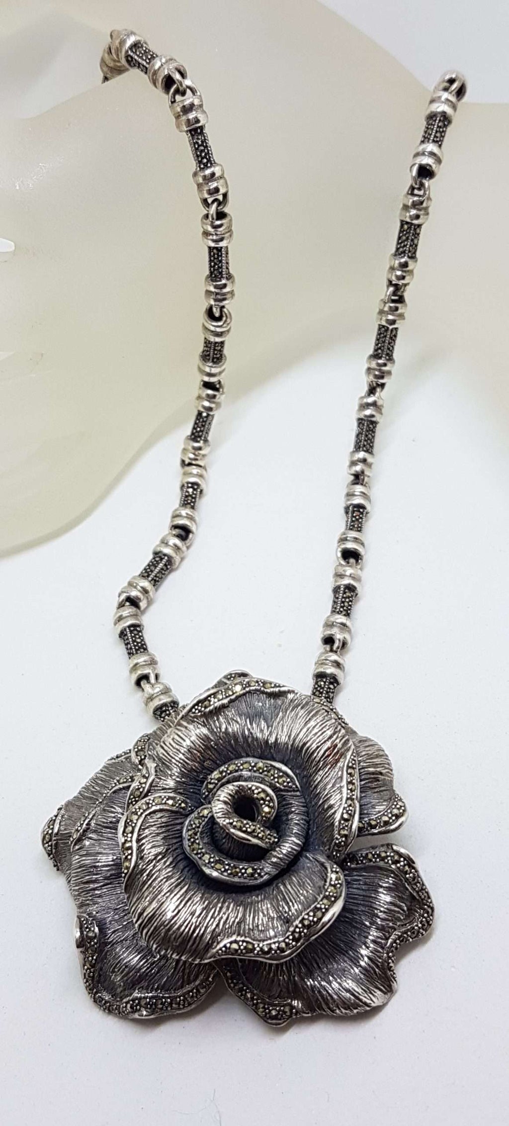 Sterling Silver Very Large Marcasite Rose Flower Pendant on Heavy Silver Marcasite Chain / Necklace