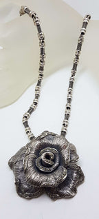 Sterling Silver Very Large Marcasite Rose Flower Pendant on Heavy Silver Marcasite Chain / Necklace