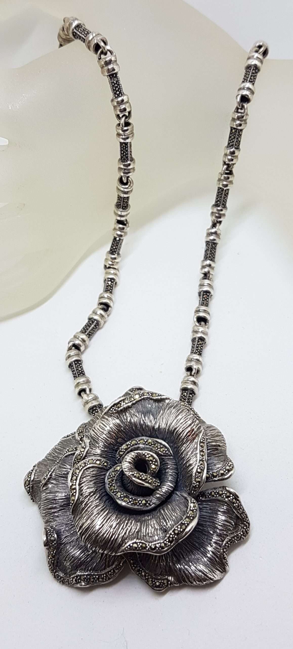 Sterling Silver Very Large Marcasite Rose Flower Pendant on Heavy Silver Marcasite Chain / Necklace