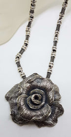 Sterling Silver Very Large Marcasite Rose Flower Pendant on Heavy Silver Marcasite Chain / Necklace