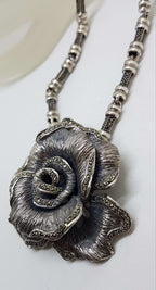 Sterling Silver Very Large Marcasite Rose Flower Pendant on Heavy Silver Marcasite Chain / Necklace