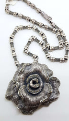 Sterling Silver Very Large Marcasite Rose Flower Pendant on Heavy Silver Marcasite Chain / Necklace