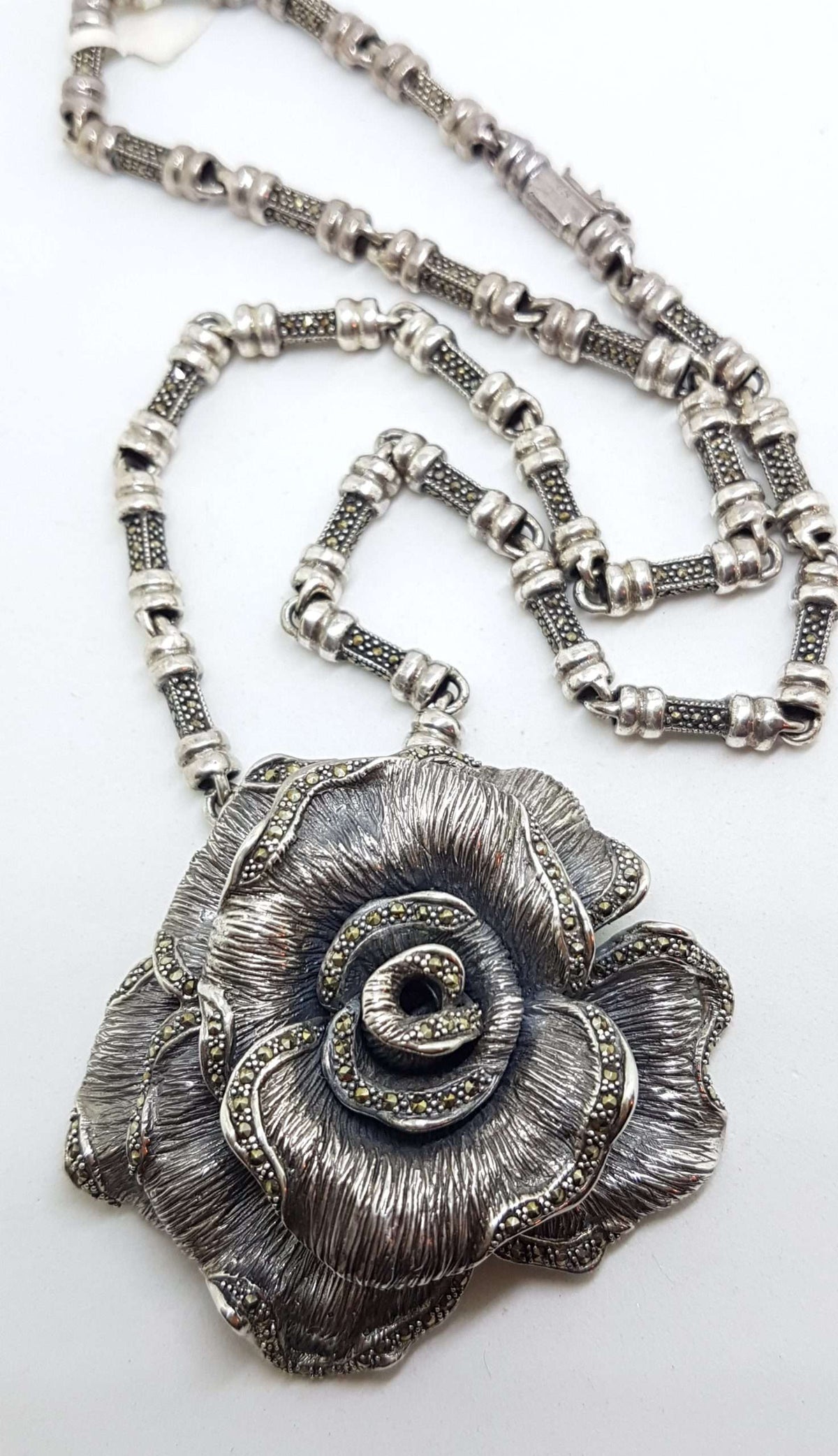 Sterling Silver Very Large Marcasite Rose Flower Pendant on Heavy Silver Marcasite Chain / Necklace