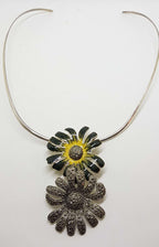 Sterling Silver Marcasite and Enamel Large Flower Pendant on Silver Choker