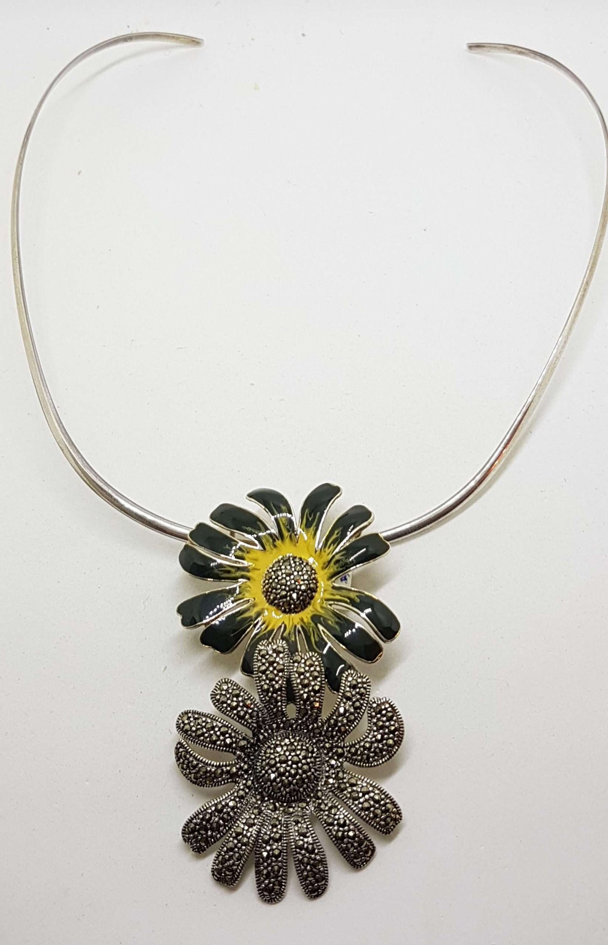 Sterling Silver Marcasite and Enamel Large Flower Pendant on Silver Choker