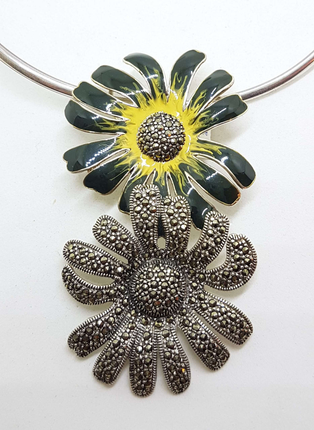 Sterling Silver Marcasite and Enamel Large Flower Pendant on Silver Choker