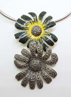 Sterling Silver Marcasite and Enamel Large Flower Pendant on Silver Choker