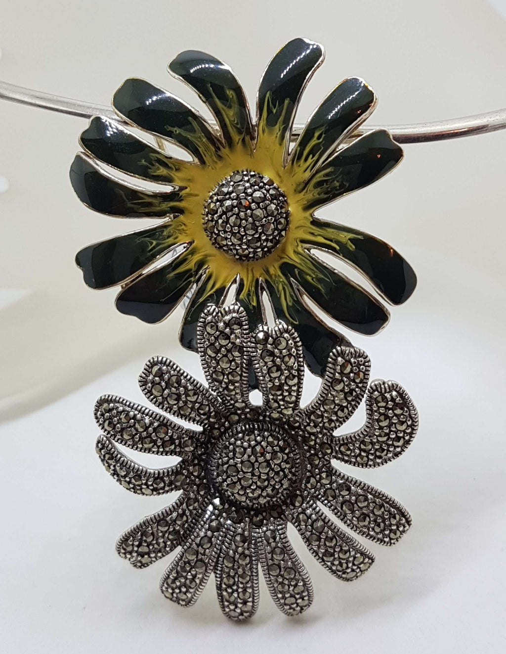 Sterling Silver Marcasite and Enamel Large Flower Pendant on Silver Choker
