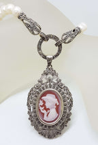Sterling Silver Large Ornate Marcasite Oval Cameo Pendant / Brooch on Pearl Chain / Necklace