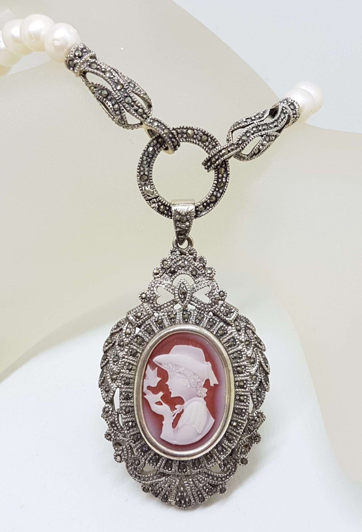 Sterling Silver Large Ornate Marcasite Oval Cameo Pendant / Brooch on Pearl Chain / Necklace