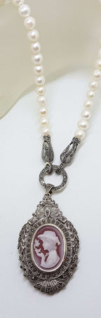 Sterling Silver Large Ornate Marcasite Oval Cameo Pendant / Brooch on Pearl Chain / Necklace