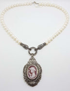 Sterling Silver Large Ornate Marcasite Oval Cameo Pendant / Brooch on Pearl Chain / Necklace