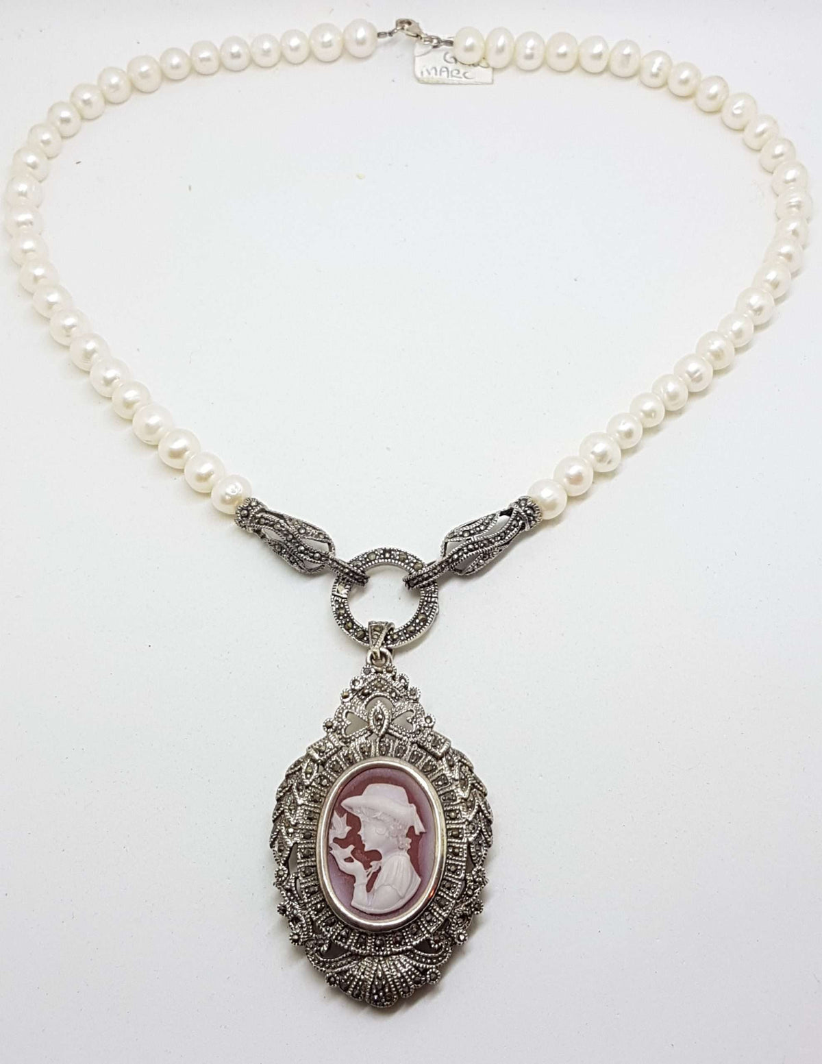 Sterling Silver Large Ornate Marcasite Oval Cameo Pendant / Brooch on Pearl Chain / Necklace