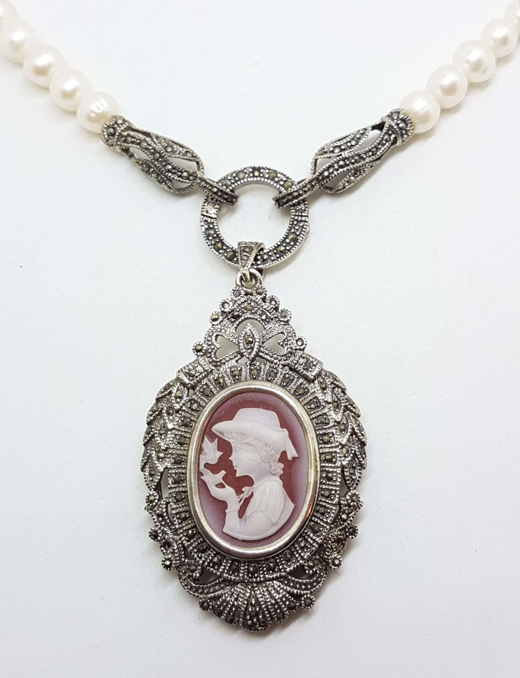 Sterling Silver Large Ornate Marcasite Oval Cameo Pendant / Brooch on Pearl Chain / Necklace