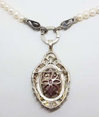 Sterling Silver Large Ornate Marcasite Oval Cameo Pendant / Brooch on Pearl Chain / Necklace
